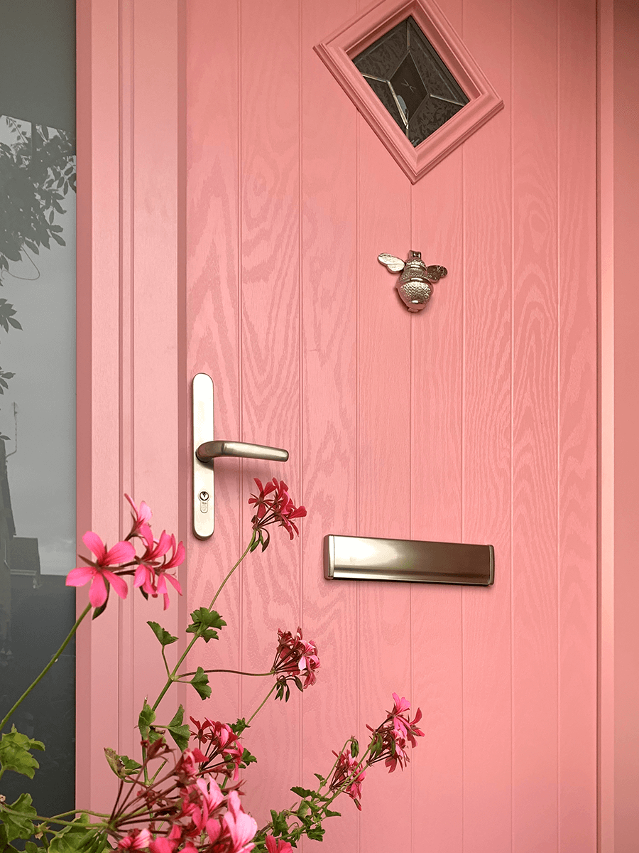 Close up of pink entrance door